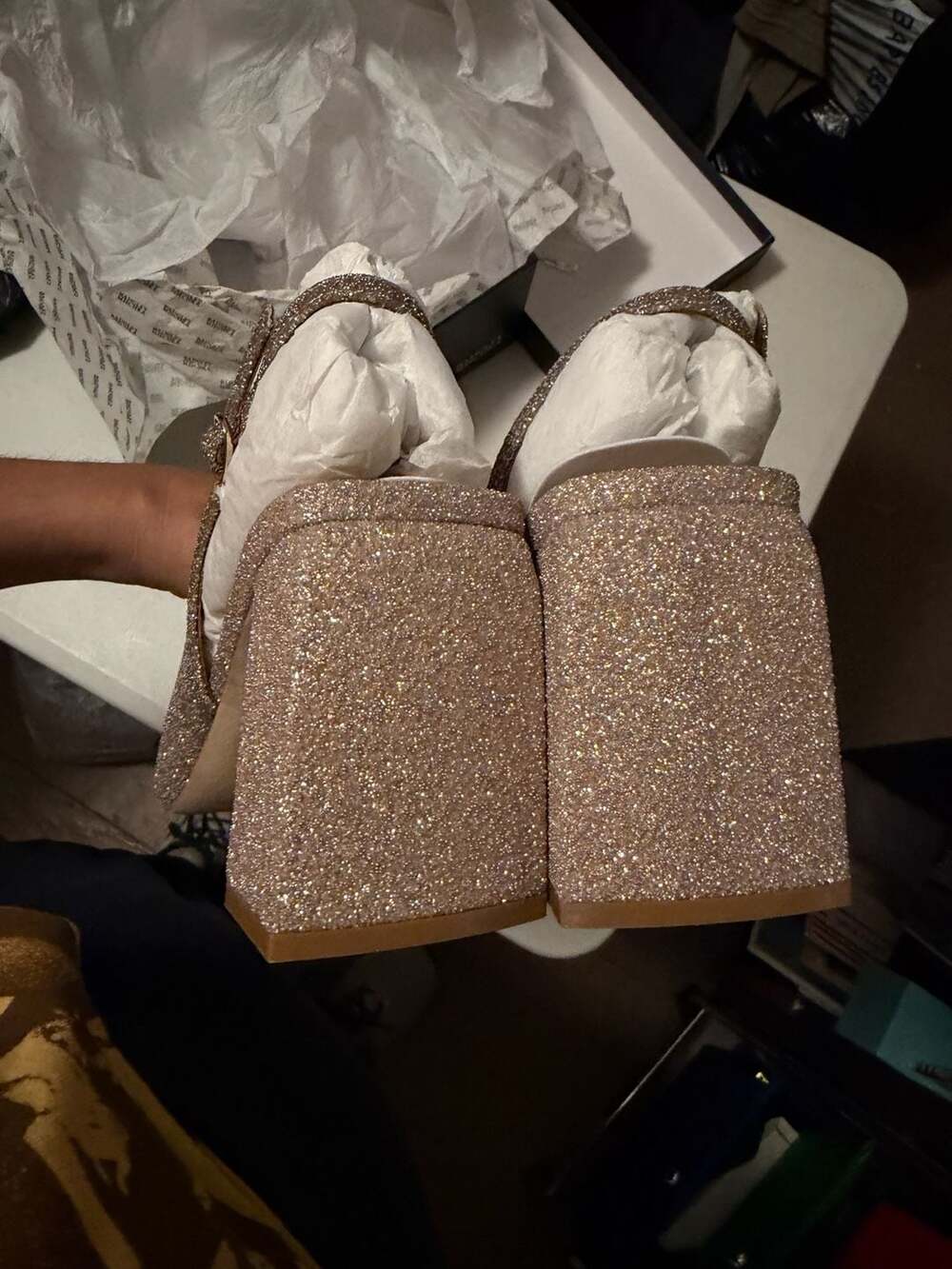 Badgley Mischka Adaline Champagne Glitter Slingback Block Heel Pumps 9 - Picture 8 of 10